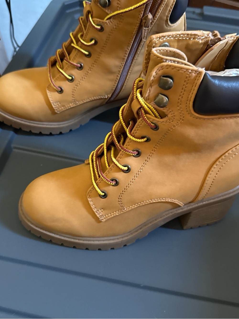 SO Tan Lace-Up Heeled Ankle Boots with Yellow Accents